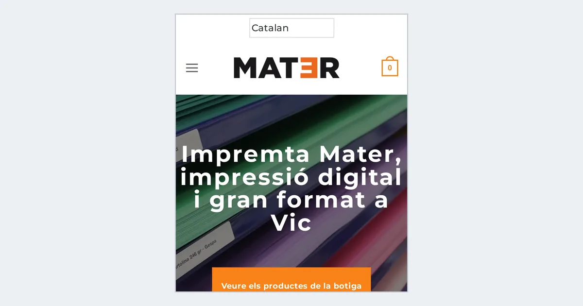Impremta Mater home page on a phone, with a language selector, the logo and the hero headline