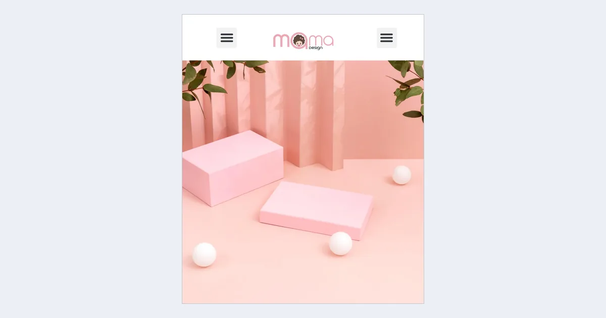 Mama Design home page on a phone with the pink hero image and a bottom bar of home, my designs, cart and chat