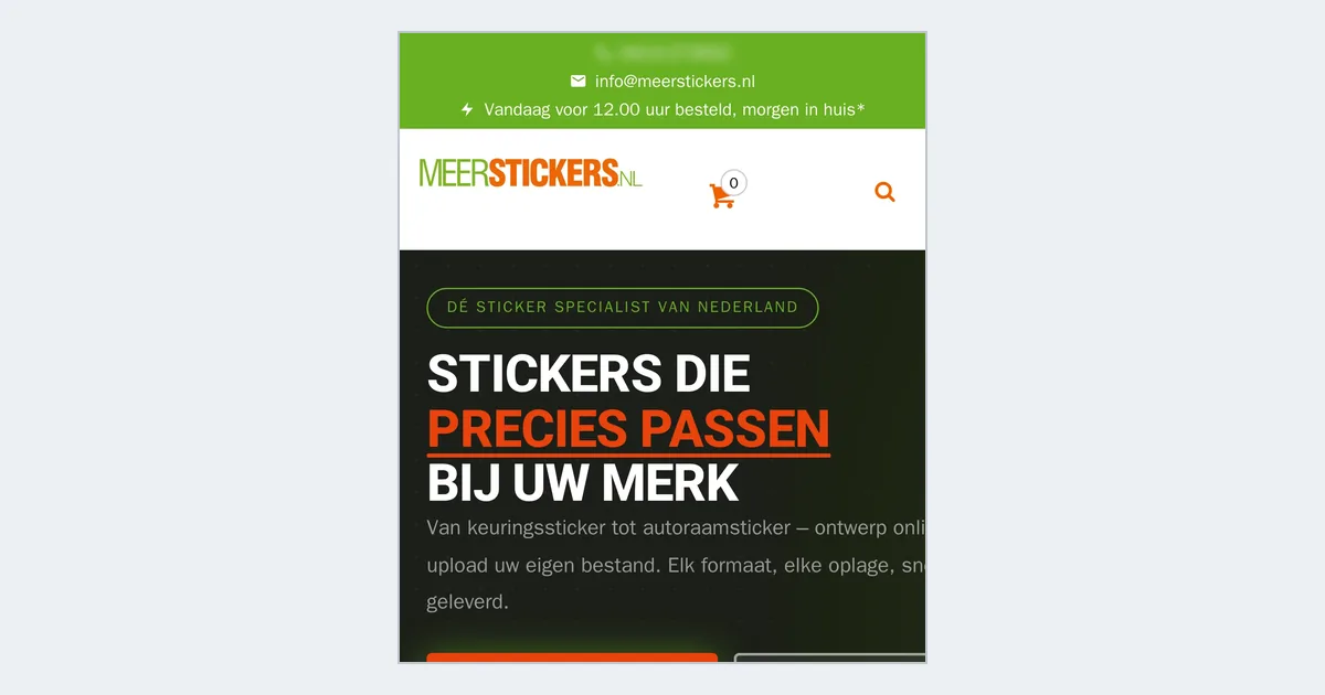 MeerStickers home page on a phone, with the logo, cart and hero headline