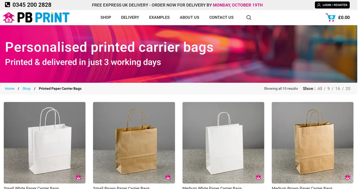 PB Print printed paper carrier bags category page listing white and brown bags by size