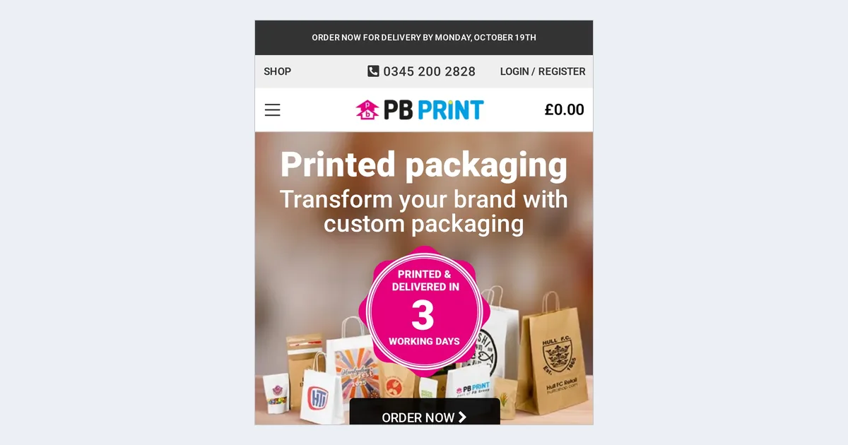 PB Print home page on a phone with the Printed packaging banner