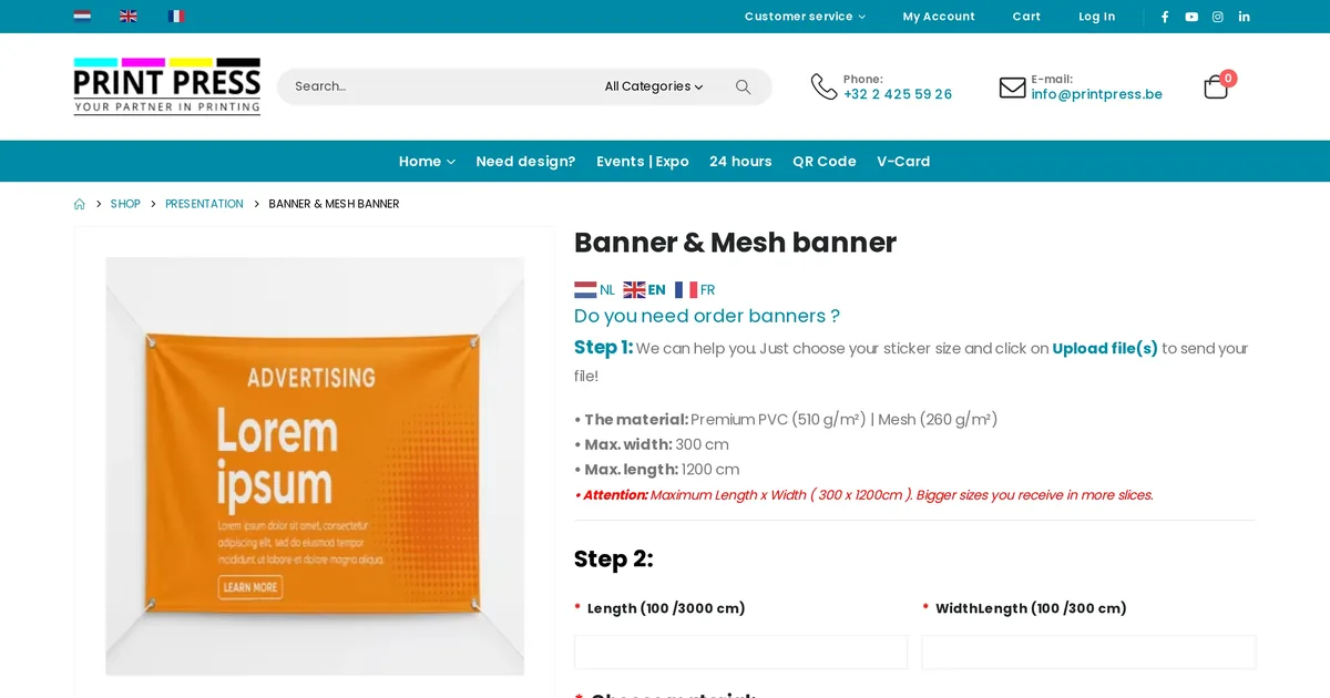 Print Press banner and mesh banner product page with a step by step upload form