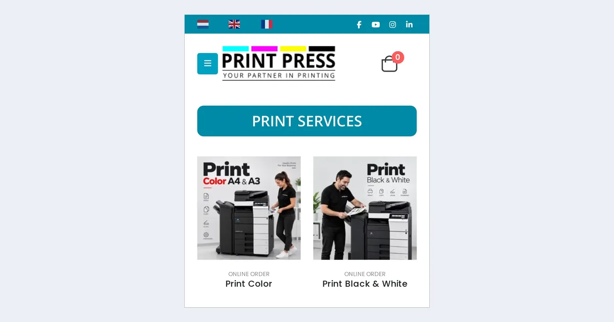 Print Press home page on a phone with the logo, a Print services bar and product tiles