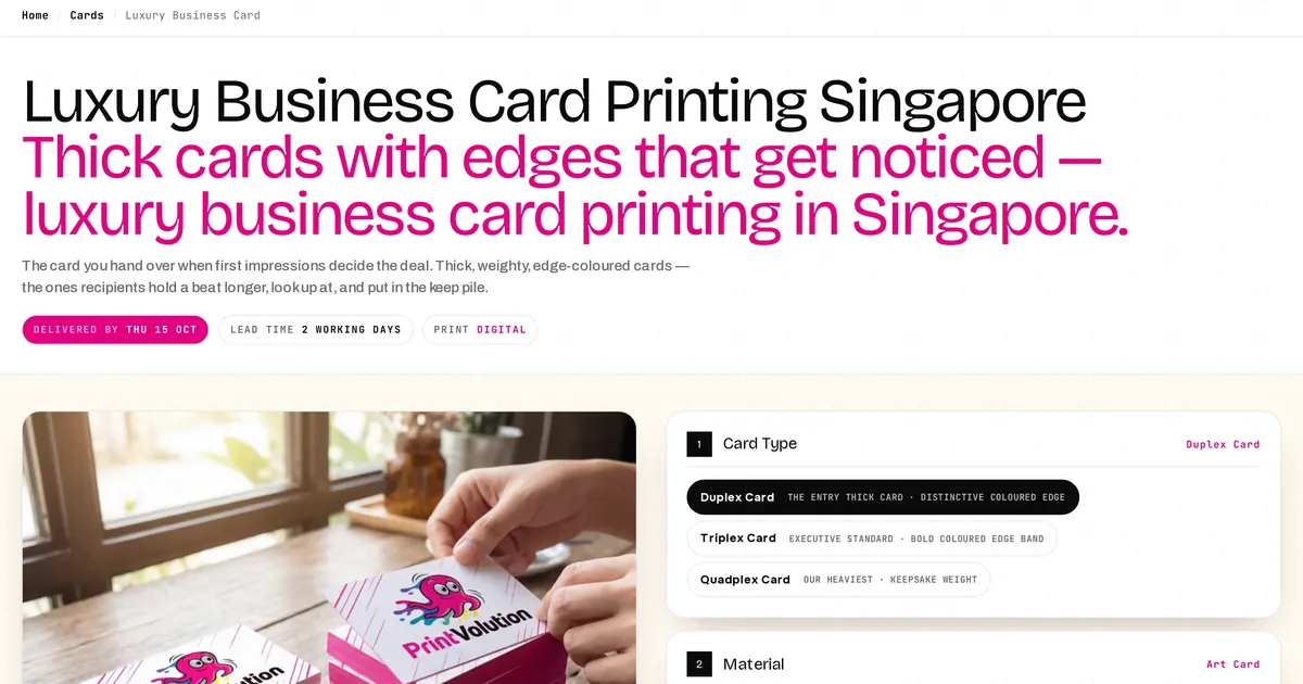 Printvolution luxury business card product page with a numbered option panel for card type and material
