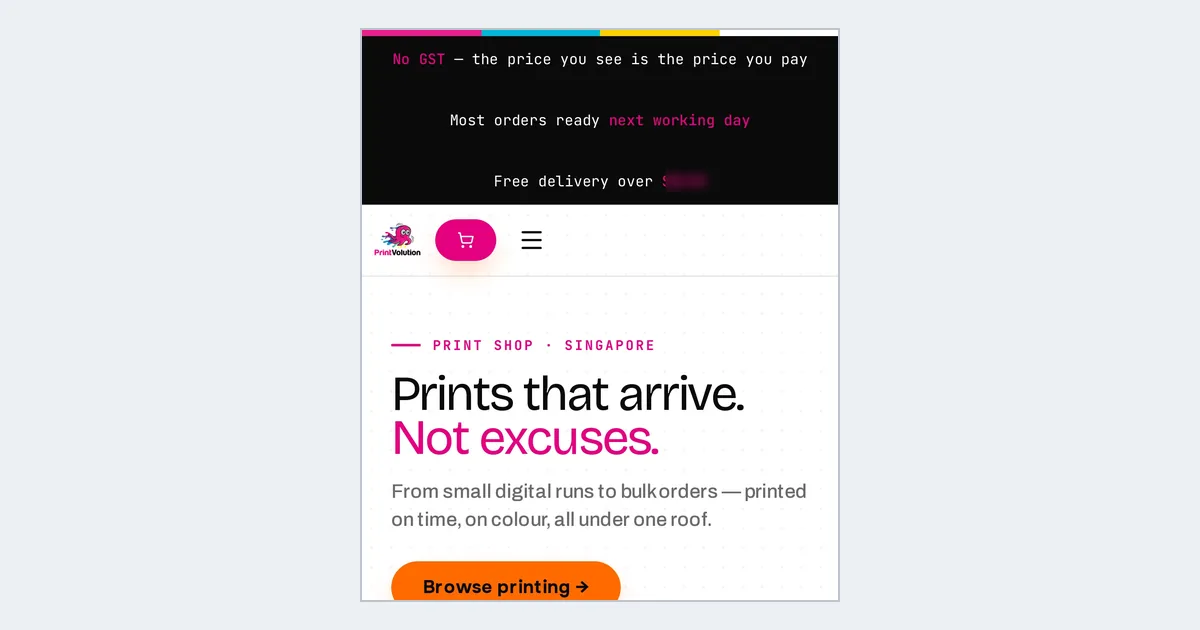 Printvolution home page on a phone, with the announcement bar, logo and print shop headline