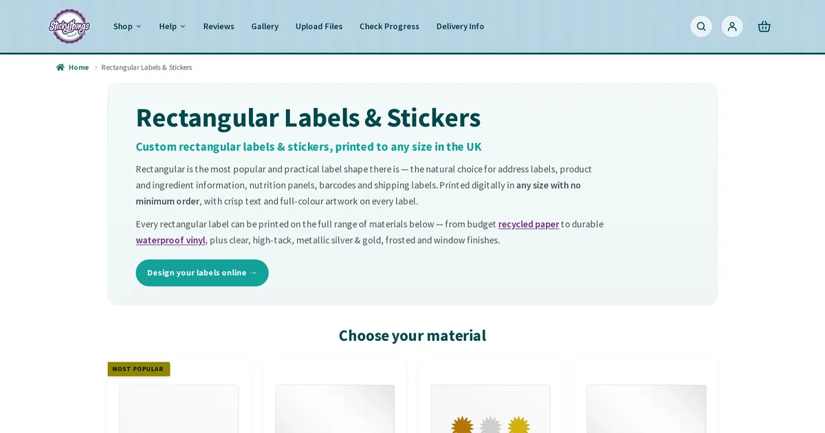 StickyThings rectangular labels page with a Design your labels online button and a grid of material choices