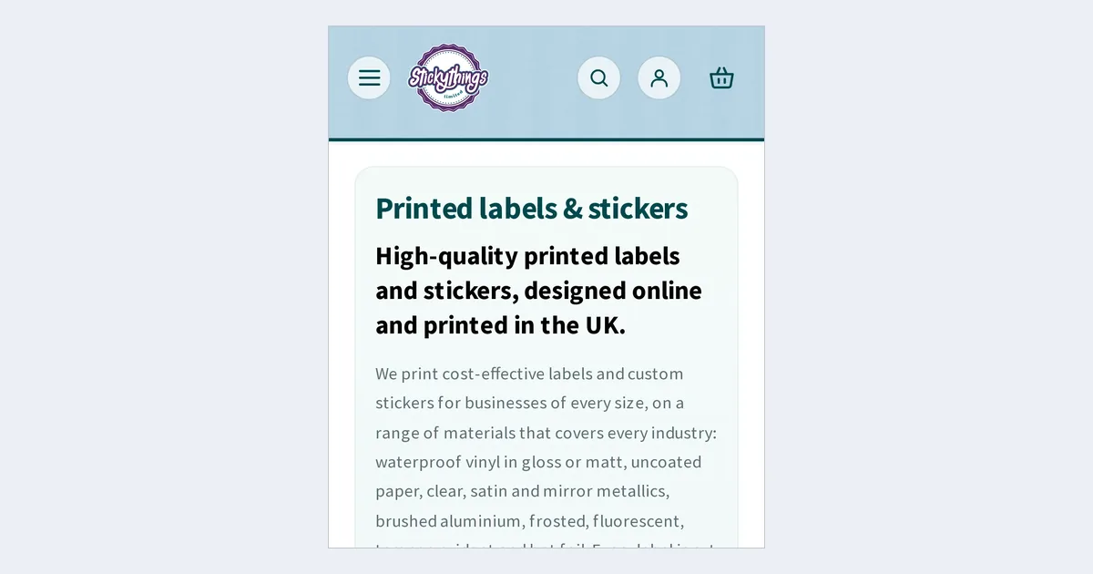 StickyThings home page on a phone, with the logo, search and cart icons and the labels heading