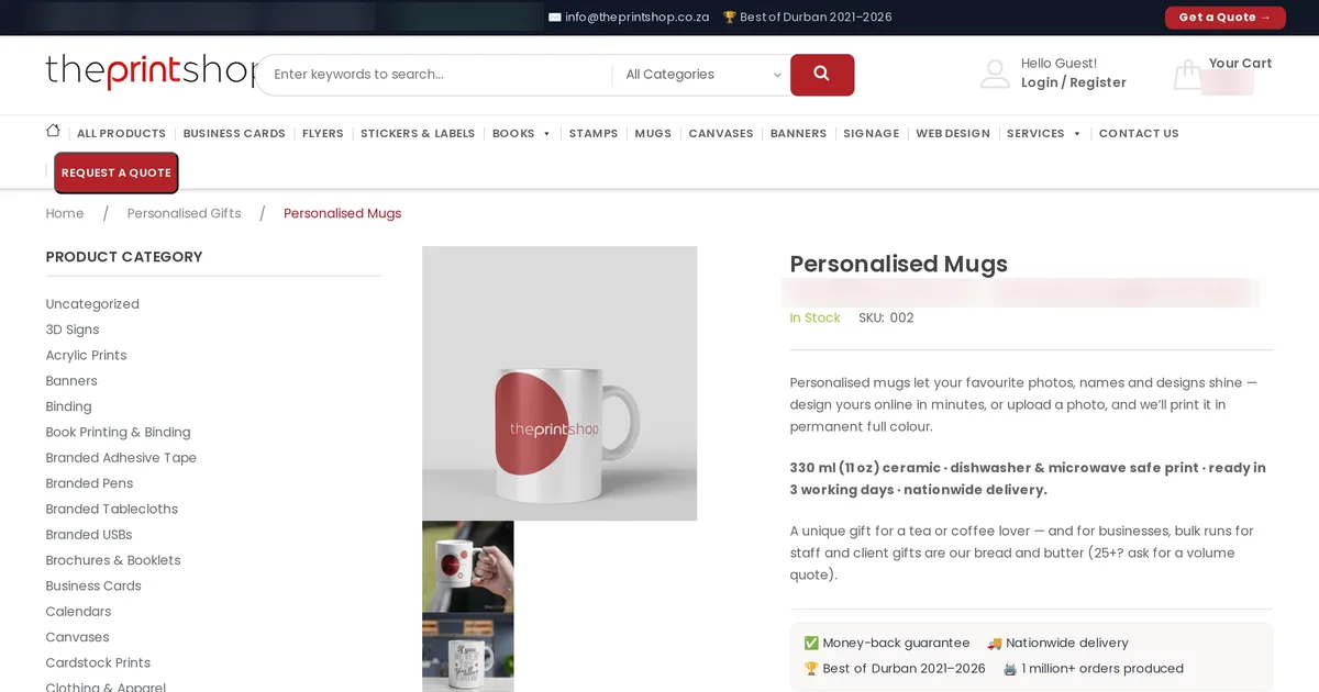 The Print Shop personalised mugs product page with a category sidebar and a product description