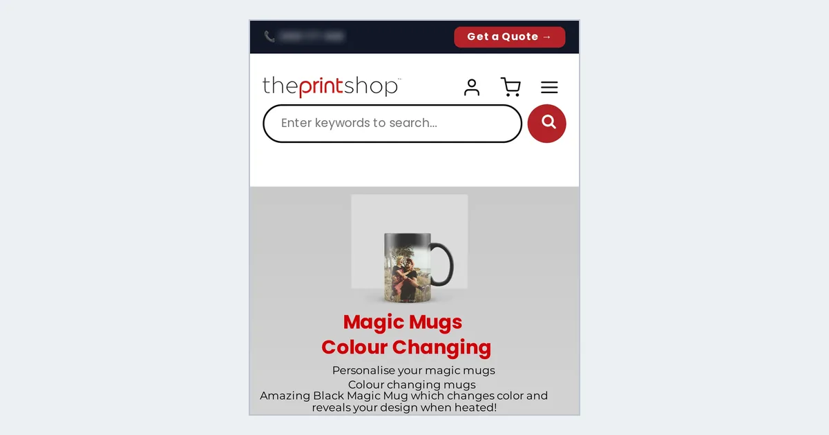 The Print Shop home page on a phone, with a search box and a hero banner for colour-changing mugs