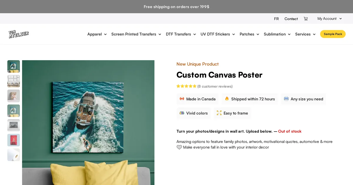 Ton Atelier Custom Canvas Poster product page with a photo gallery and product badges