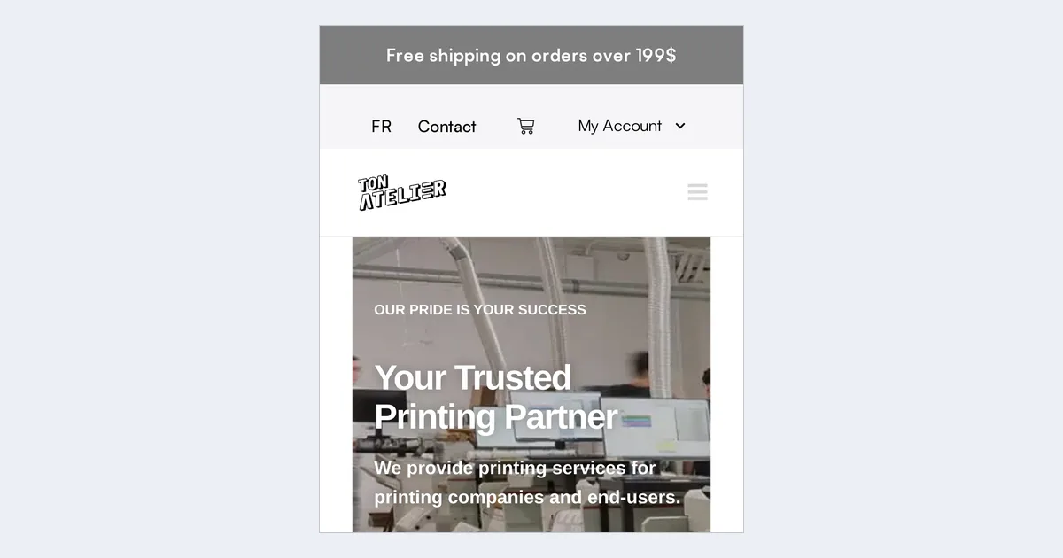 Ton Atelier home page on a phone with the production floor hero and the headline