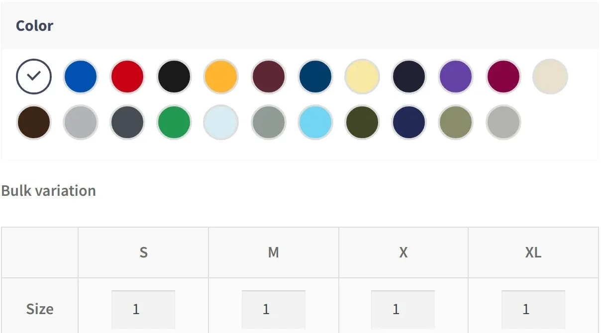Apparel product options with colour swatches and a bulk size quantity matrix, in an article on build vs buy web to print