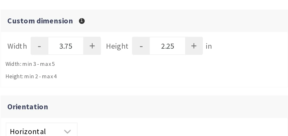 Custom size print options with width and height limits and orientation, in an article on print pricing rules
