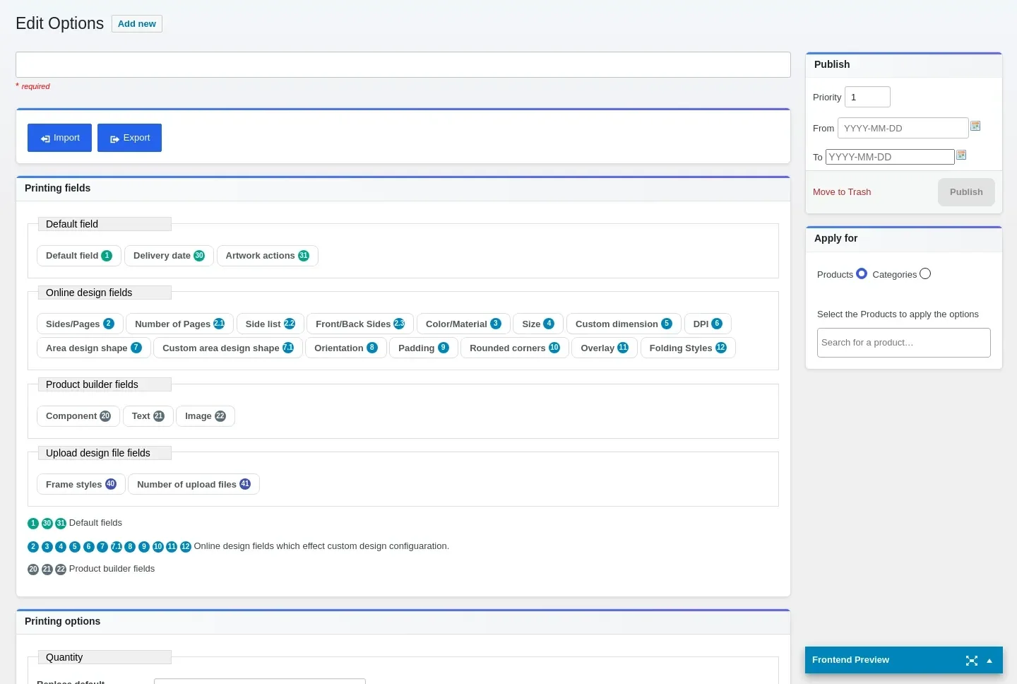 Back-office print option editor with design fields and quantity rules, in an article on print pricing rules